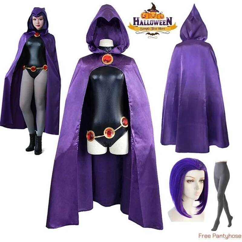 C Women's Teentitans-Raven Cosplay Costume Jumpsuit Purple Cloak With Belt Halloween Costume Unifor