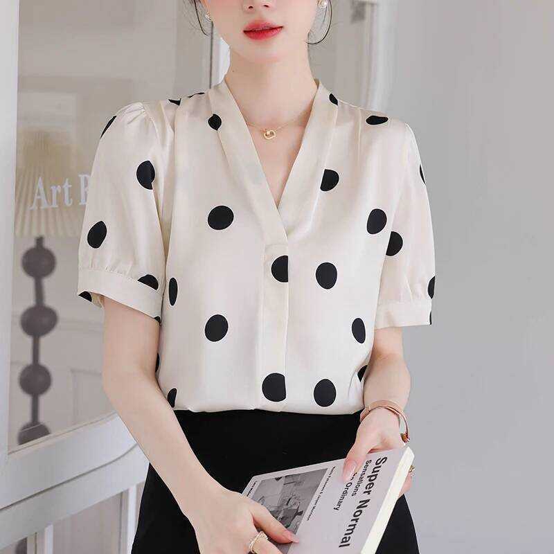 ▥ ผู้หญิงเสื้อเสื้อฤดูร้อนใหม่แขนสั้น V คอ Dot เสื้อผู้หญิงเสื้อ Blusas Camisas 2025 Xl808