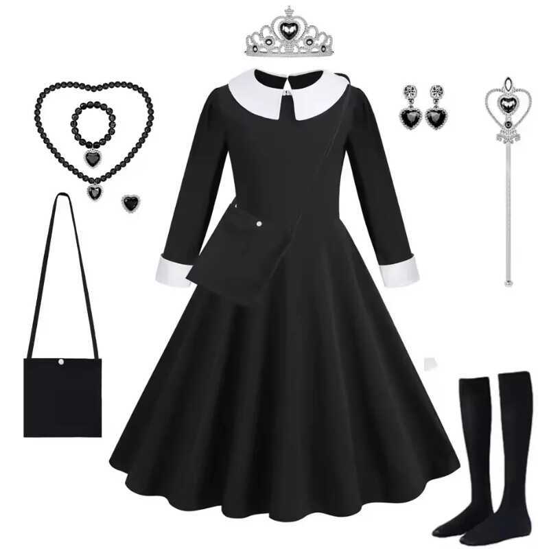 Black Dress Halloween Costume for Girls 2025 Party Ball Gown Children Cosplay Adams Family Vestido