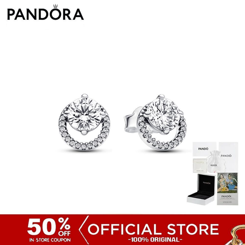 (ของแท้100%) Pandora Sterling Silver Stud Earrings With Clear Cubic Zirconia