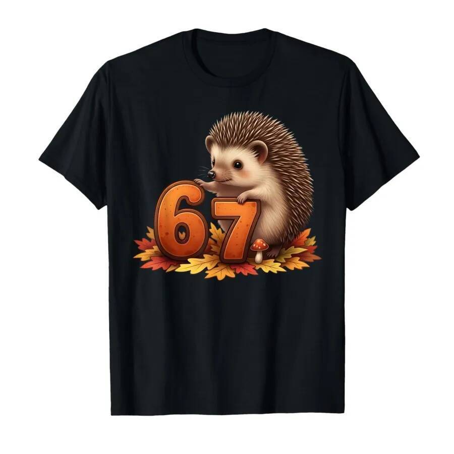 67 Fall Six Seven Meme Gen Alpha Slang Cute Hedgehog T-shirt For Men Women 100% Cotton T Shirts Shor