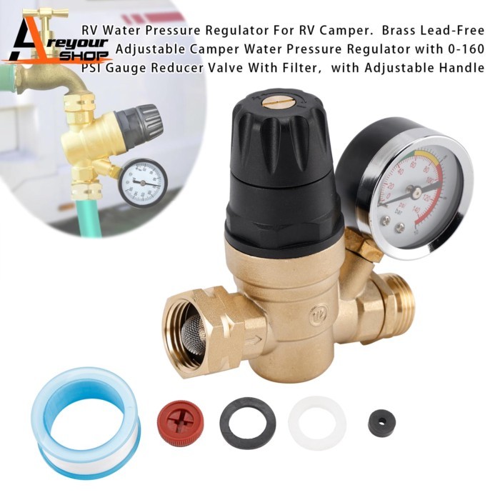 RV Water Pressure Regulator for RV Camper. Brass Lead-Free Adjustable