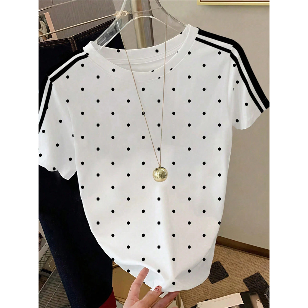 เสื้อยืดสตรีลายจุดด้านบนฤดูร้อนสบาย ๆ ฤดูร้อนที่จําเป็นเสื้อยืดมีสไตล์เสื้อยืดอินเทรนด์ด้านบนสบาย ๆ-เก๋ไก๋