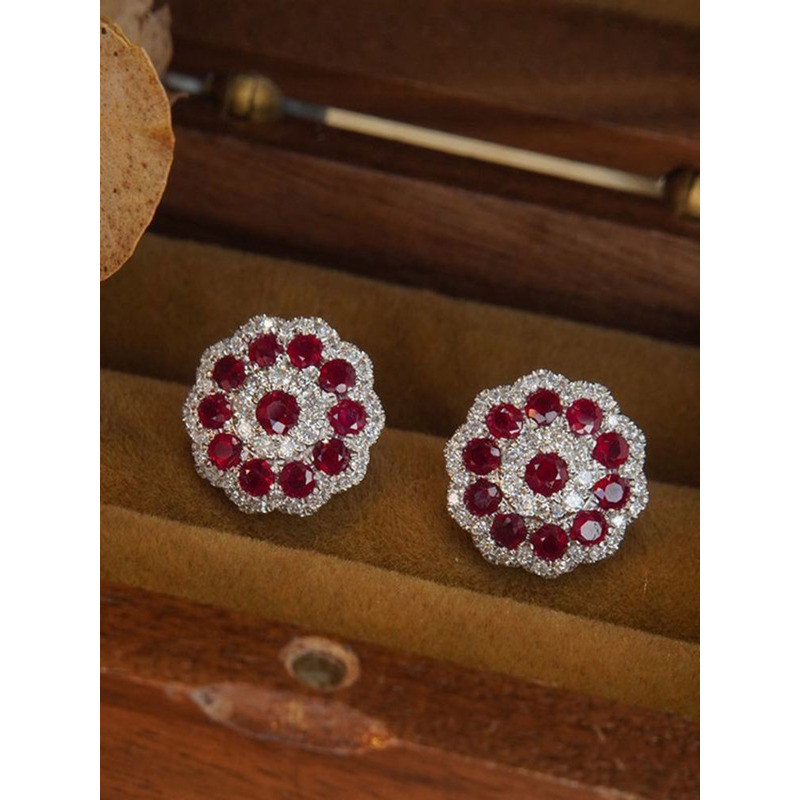& S25 Sterling Silver Pigeon Blood Ruby Snowflake Earrings
