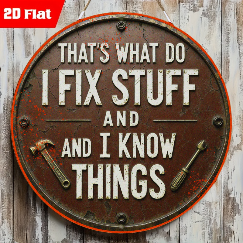 2D แบน Rustic "I Fix Stuff และ I Know Things" รอบโลหะดีบุกป้าย, Vintage ค้อนไขควงเครื่องมือ Wall Dec