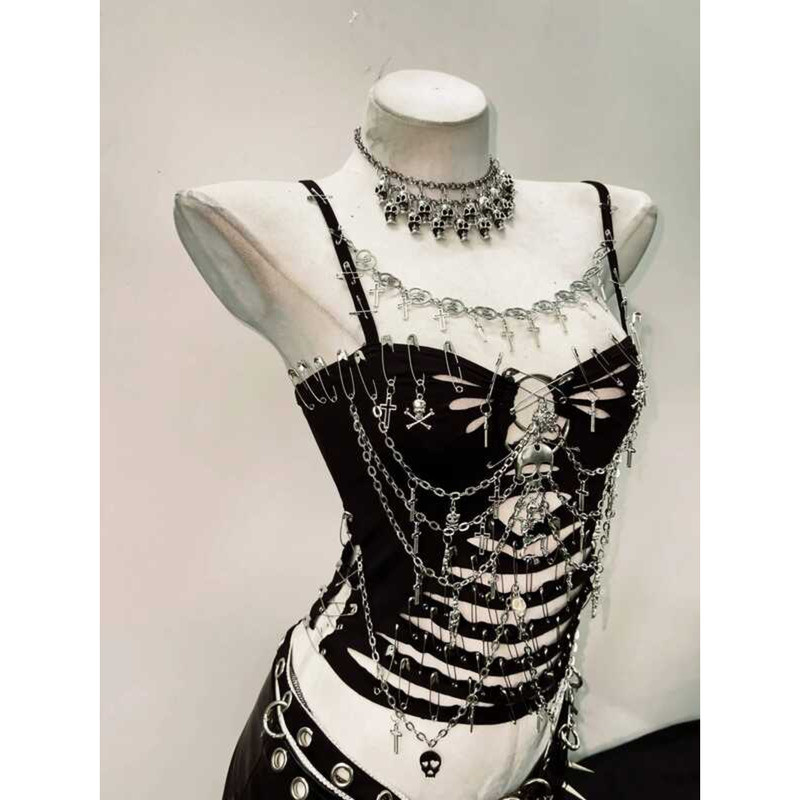 ▥ Gothic Punk Tank Tops Y2kเสื้อy2kแฟชั่นy2k Crop Y2kเสื้อผ้าเซ็กซี่top Gothicเสื้อผ้าskull Bus