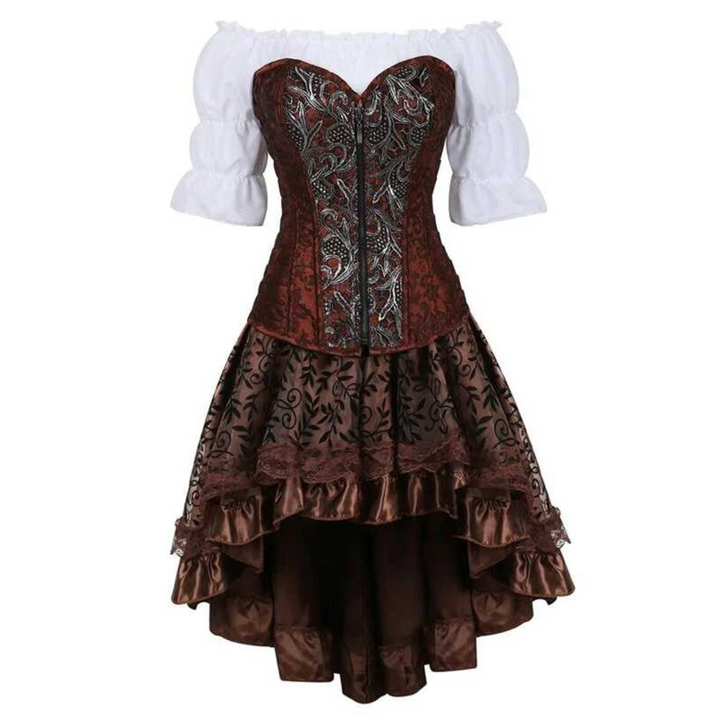 ▥ สีน้ําตาลชุดรัดตัว 3 ชุด Plus ขนาดเซ็กซี่ Overbust Bustier Top กระโปรงโจรสลัด Steampunk Vitor