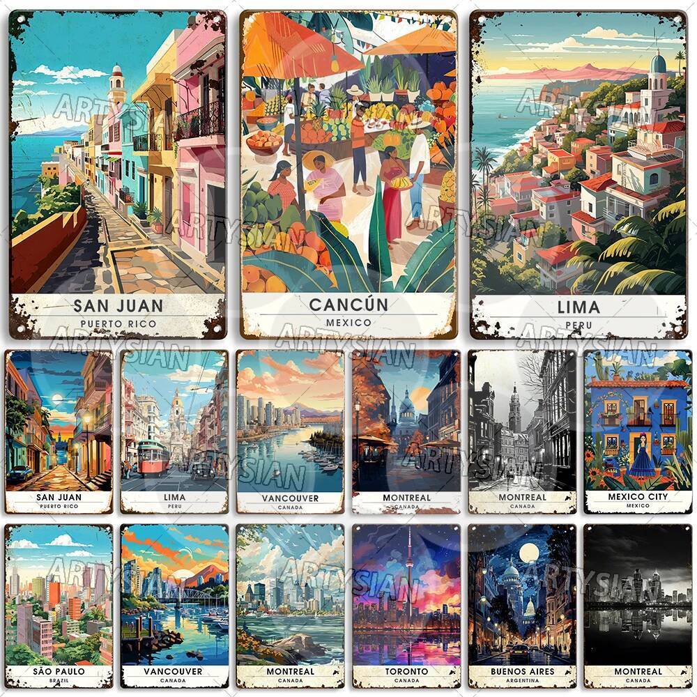 Travel Cityscape ป้ายโลหะ San Juan Puerto Rico Montreal Canada Vancoaver Cartagena Colombia Oaxaca M
