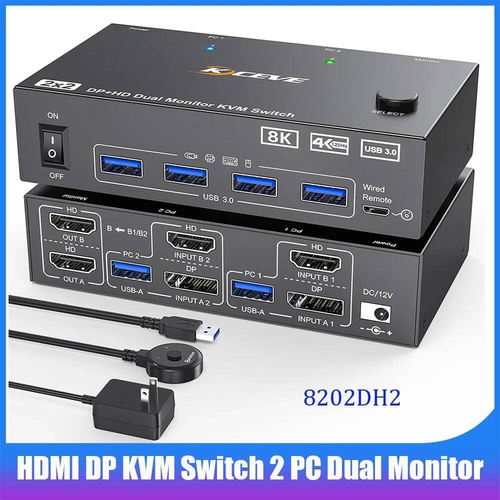 HDMI DP KVM Switch 2 จอภาพ 2 คอมพิวเตอร์ 8K, HDMI Displayport KVM Switches สําหรับ 2 PC Sharing Dual
