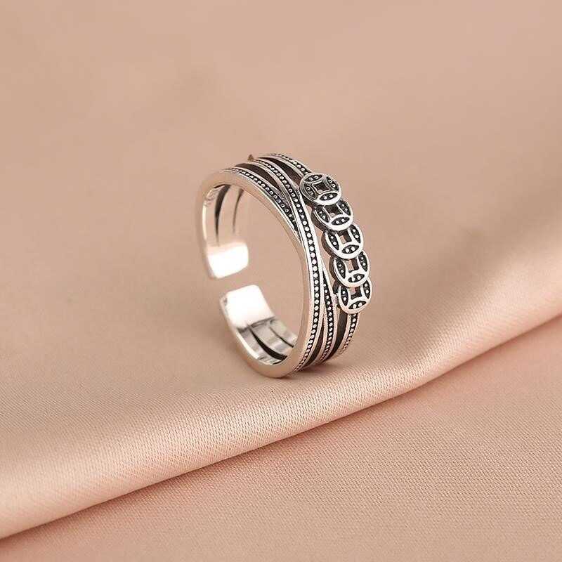 Behee Silver Jewelry s Lucky Ring Female Prosperity Design Old Index Finger Coin Thai Silver Copper 