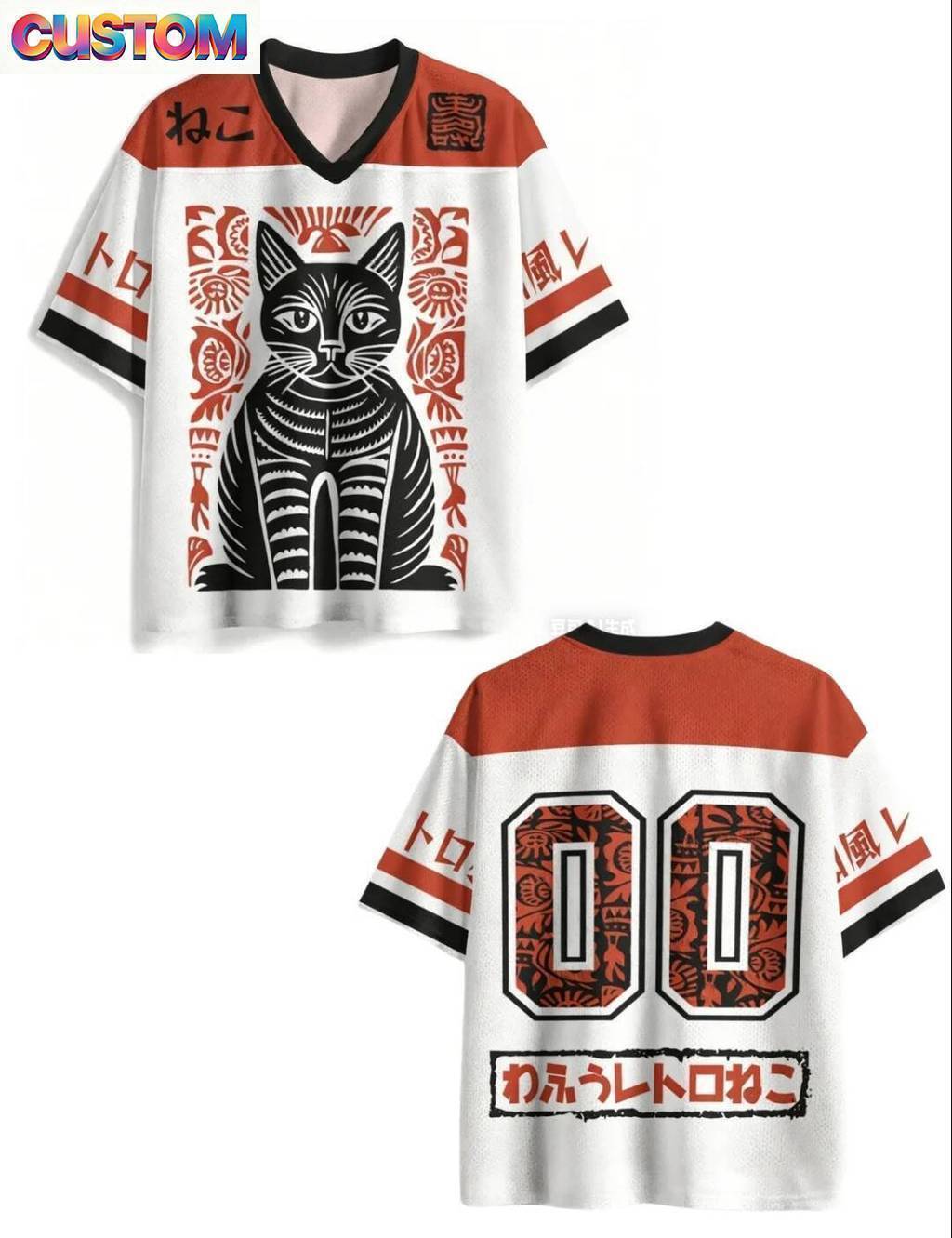 สไตล์ฮาราจูกุ Y2K ผู้ใหญ่ภาพอุกิโยะญี่ปุ่น Maneki-eko 3D พิมพ์ V คอ Jersey Cat Lover เสื้อยืดแขน Rag