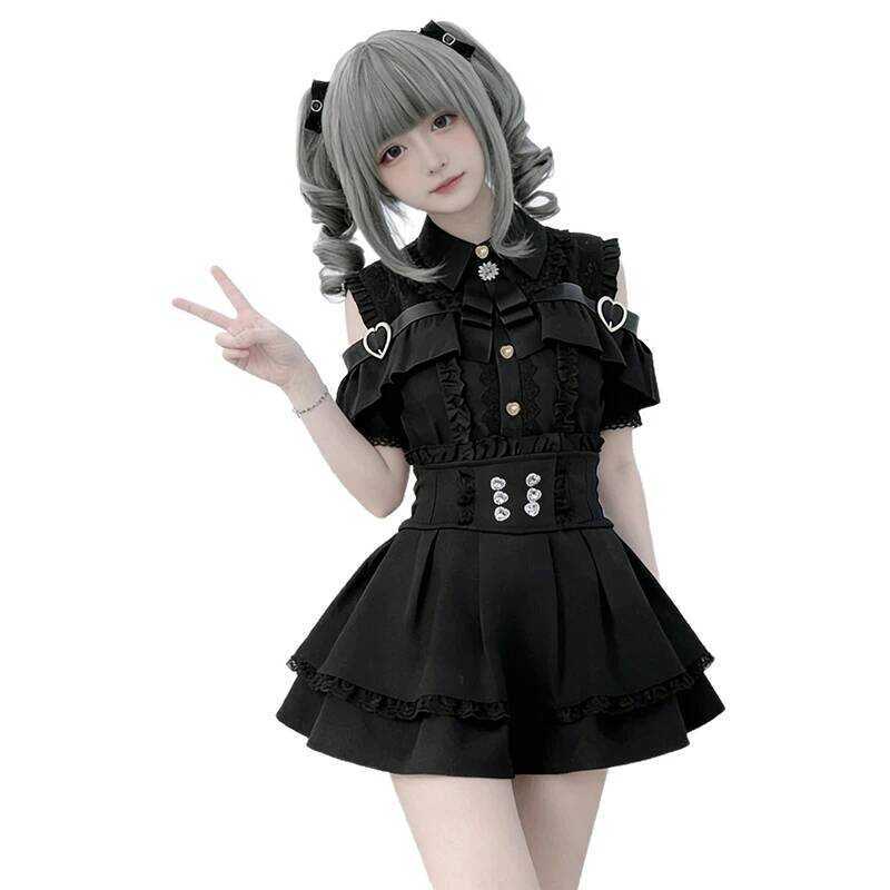 irt Japanese Style Lolita Y2K Sweet Uniform Short Sleeve Blouse Top Dress Darkness Outfit for Women