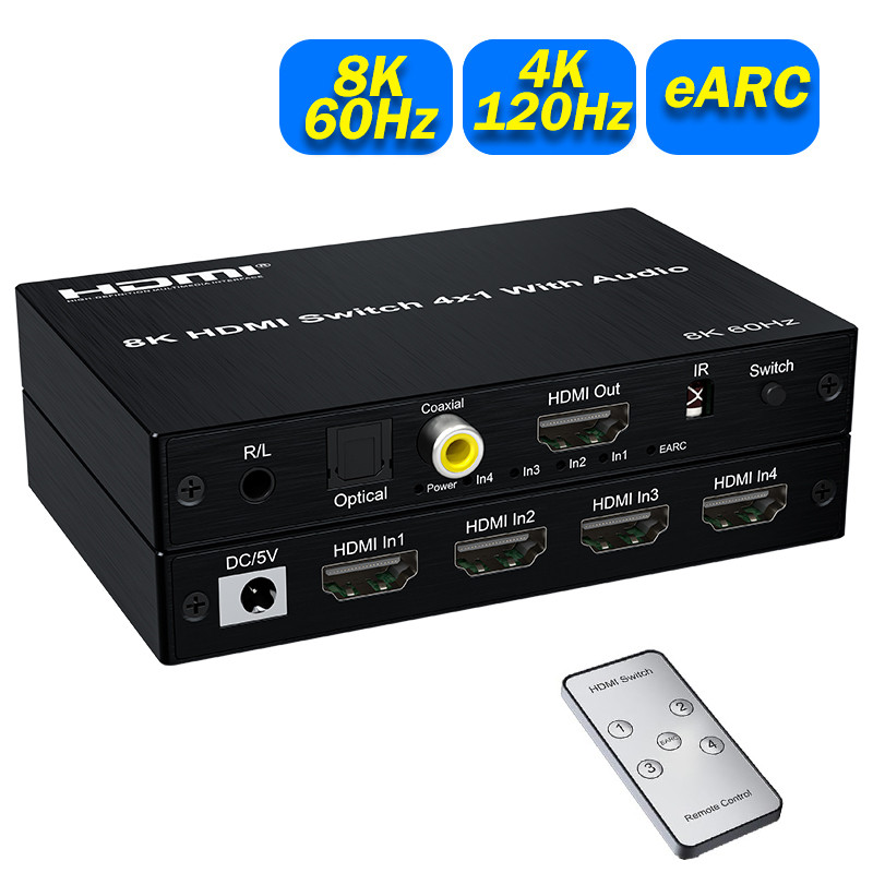 8K 60Hz HDMI Switch 4 in 1 out with eARC Audio Extractor 4K 120Hz HDMI Switcher to ARC SPDIF+Coaxial