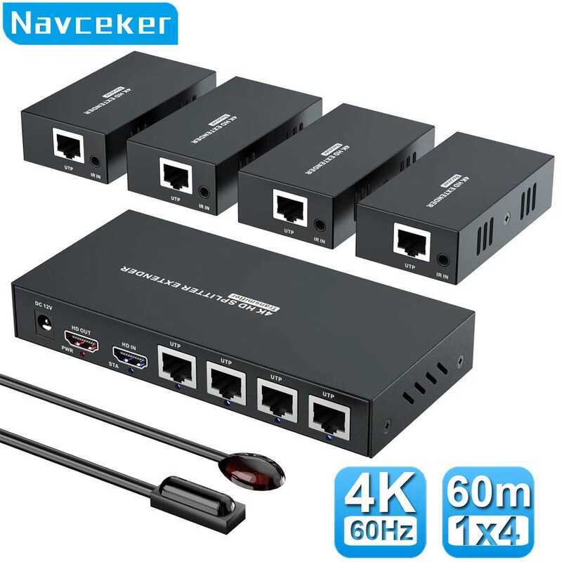 Navceker 4K 60Hz Splitter 1x4 3D HDMI RJ45 Extender 60m Ethernet Transmission Over CAT5e/6/7 4 ช่อง 