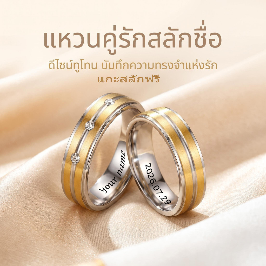 6มมชื่อที่กําหนดเองแกะสลักทูโทนแหวนคู่,สแตนเลส พลอยเทียม สัญญาแหวนแต่งงานวงของขวัญสําหรับคนรัก