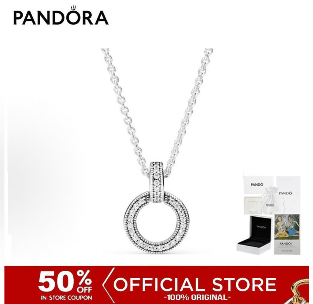 (ของแท้100%) Pandora  Interlocking Circles Sterling Silver Pendant With Clear Cubic Zirconia And Necklace เครื่องประดับ