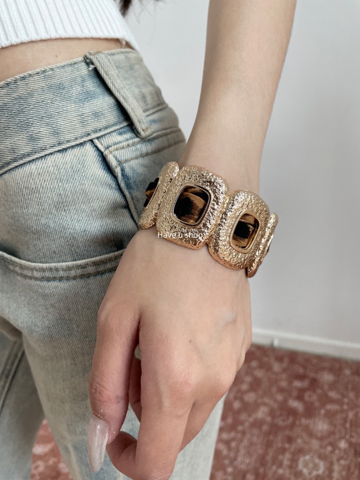 Have u shop Retro Leopard Print Silk Scarf Ribbon Open Bracelet Holiday Style Hot Girl y2k Metallic 