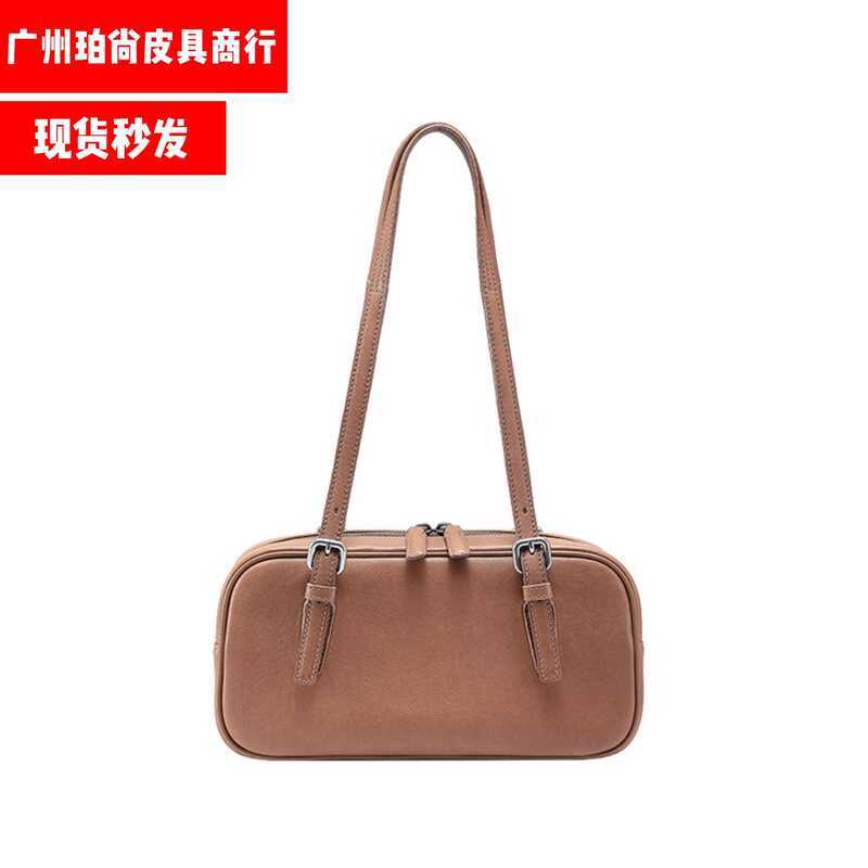 Qiuzhen Retro Bowling Bag สำหรับผู้หญิง กระเป๋าสะพายไหล่ ทำจากหนังวัวแท้