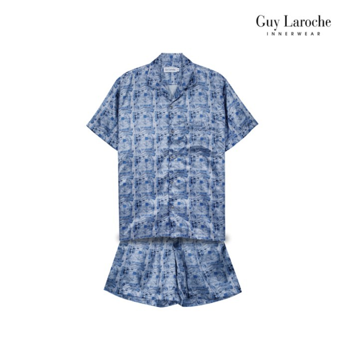 Guy Laroche ชุดนอนคอปก แขนสั้น ขาสั้น พิมพ์ลาย ผ้าซาติน เรียบ ลื่น สีน้ำเงิน รุ่น JPC7525S6NB