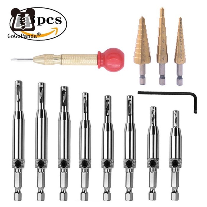 13 Sets Woodworking Hole Drill Combination Suit Woodworking Hinge Drill Bit Pagoda Golden Center Pu