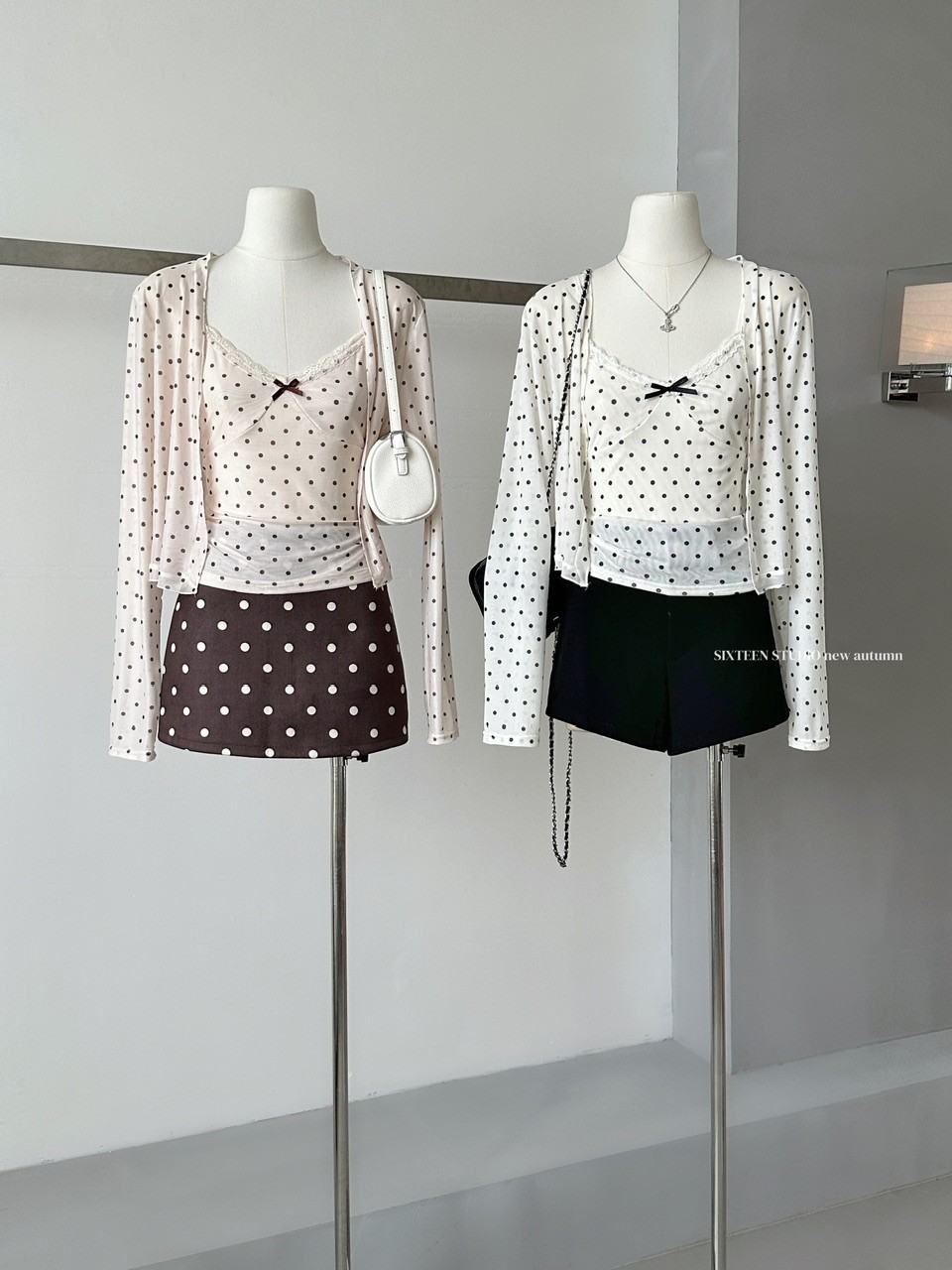 Bow Polka Dot Slim-fit Camisole+คาร์ดิแกนแขนยาว Two @- 104039