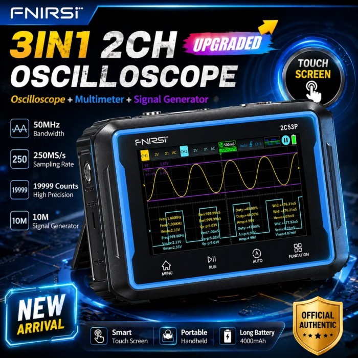 FNIRSI 2C53P Portable Oscilloscope Multimeter Signal Generator 3 in 1 50MHz 250MS/s 2 Channel Touch
