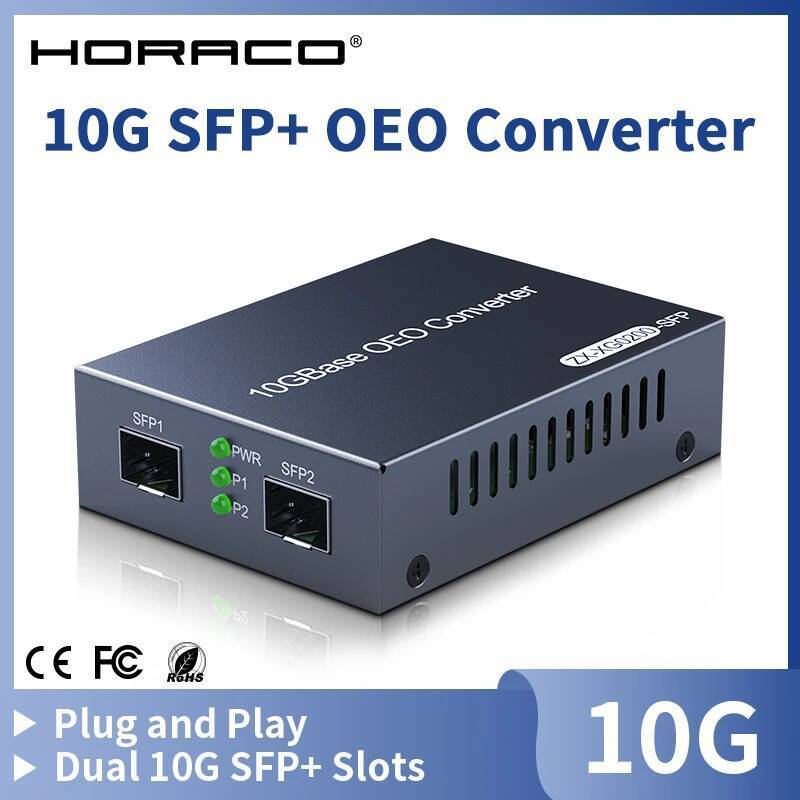 HORACO 10GbE SFP+ OEO Media Converter Dual 10G SFP + ช่อง 100M/1G/2.5G/10GBase-T Fibre Media Convert