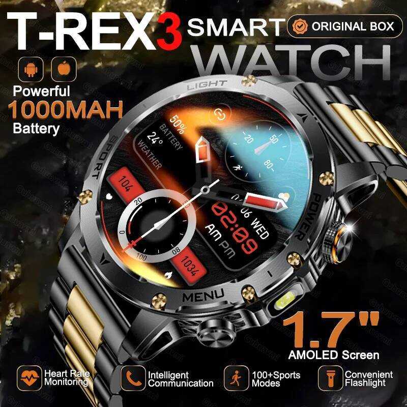 ใหม่ T-REX3 ULTRA 1000mAh แบตเตอรี่นาฬิกา 5ATM กันน้ํา 100 + ไฟฉายกีฬา Heart Rate สมาร์ทนาฬิกา 2025 