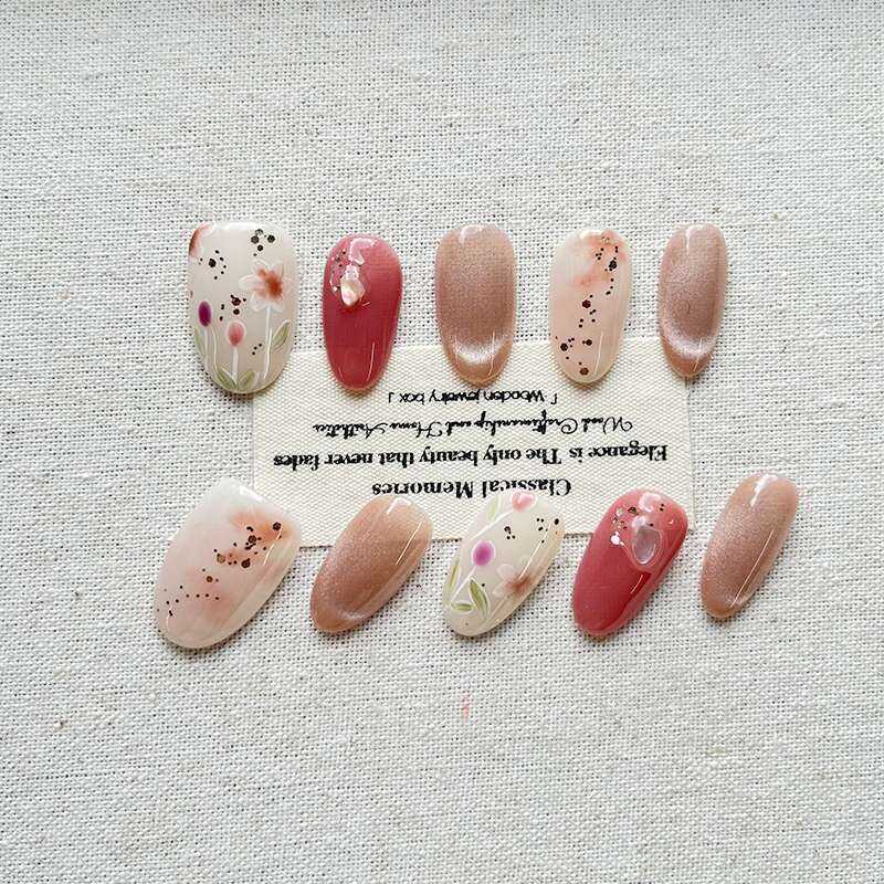 Cats Eye Nails Net Hand-Painted Strawberry Handmade สวมใส่เล็บสามมิติ Cats Eye SJ-210 Pink Cherry Da