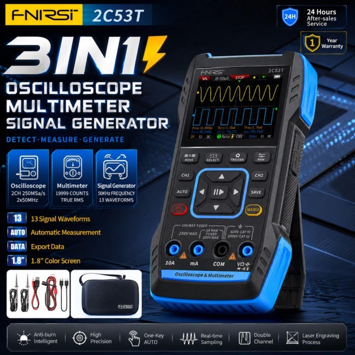 FNIRSI 2C53T 3 IN 1 Oscilloscope Multimeter Signal Generator Dual Channel 50MHz 250MS/s 20000 Count