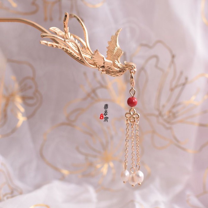 Di Muqing ที่สวยงาม Phoenix Hairpin เครื่องแต่งกายโบราณ Hanfu Headdress อุปกรณ์เสริมไข่มุกน้ําจืดพู่