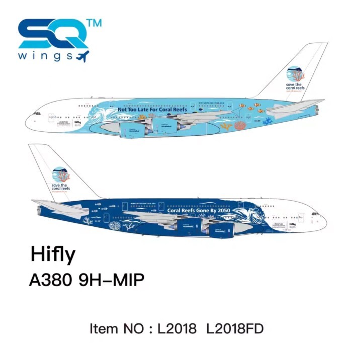 พร้อมสต็อก SQ Wings 1: 200 HiFly A380 9H-MIP Rescue Coral Reef Alloy Model Out of Print Car Model