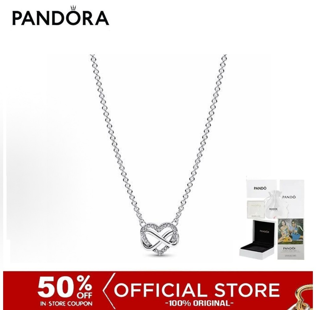 (ของแท้100%) Pandora Infinity Heart Sterling Silver Necklace With Clear Cubic Zirconia เครื่องประดับ สร้อยคอ สร้อยคอเงิน