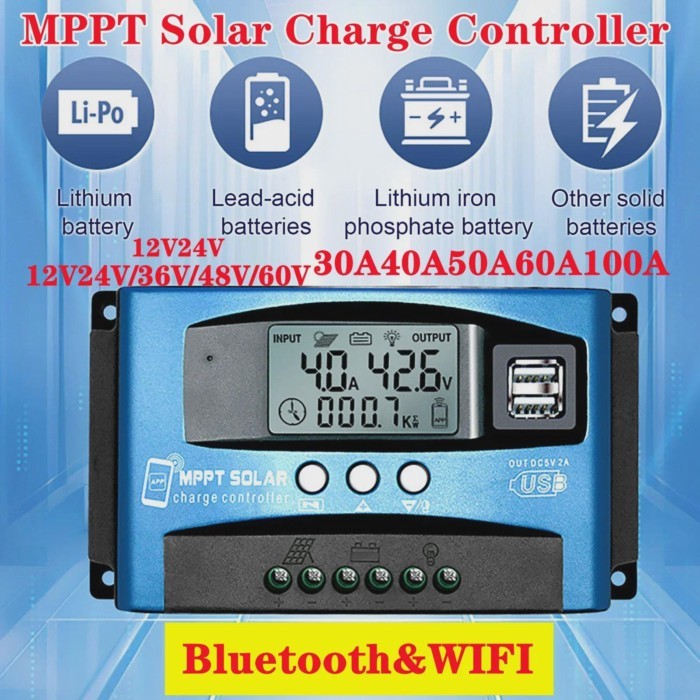 MPPT Solar Charge Controller 30/40/50/60/100A Solar Controller Bluetooth&WIFIDual USB LCD Display A