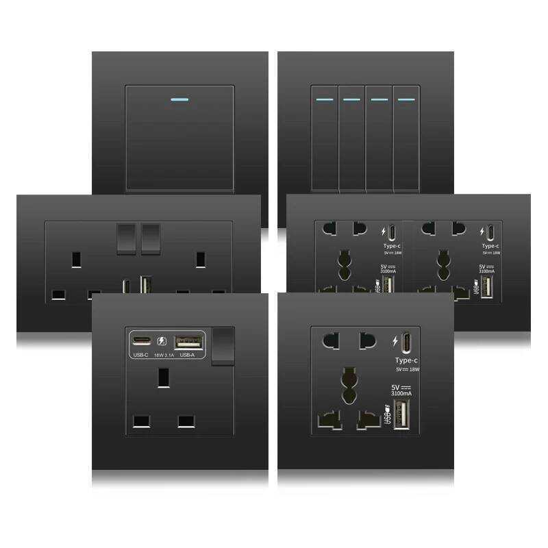 เต้ารับติดผนังสีดำ UK 13A พร้อมพอร์ต USB Type C รองรับการชาร์จเร็ว 18W, เต้ารับไฟติดผนังพร้อมที่ชาร์
