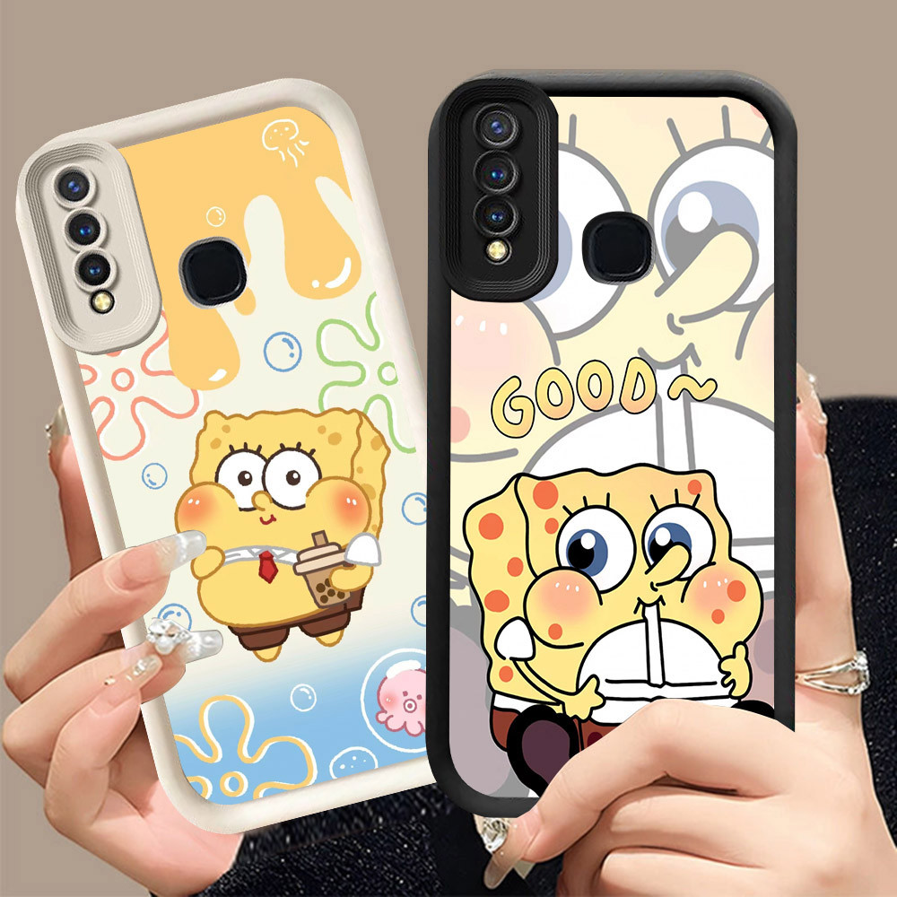 Q-7 SpongeBob ขาวดำเคสโทรศัพท์หรับ VIVO Y30 Y30i Y50 Y12 Y17 Y3S Y17S Y15 ปกสีชมพู