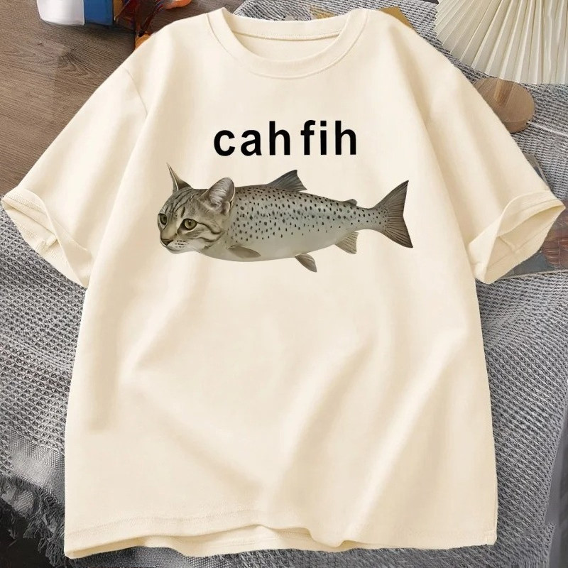 Cah Fih เสื้อยืด Fih ตลก Mispelled ปลา Meme เสื้อยืดแมวและปลากราฟิกอารมณ์ขัน Tshirt ลําลองแขนสั้นเสื