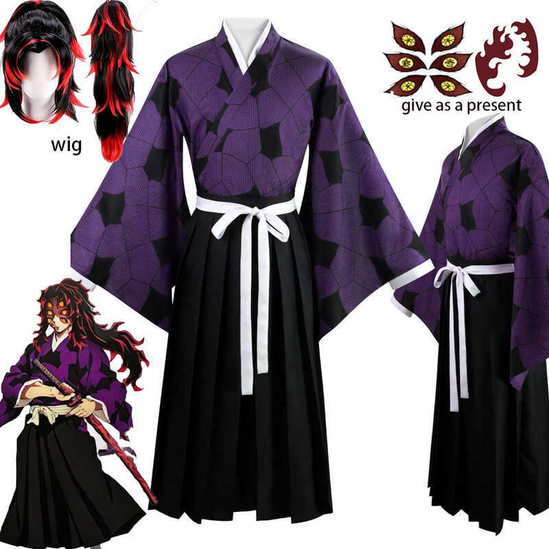 W Kokushibo Anime Cosplay Kimono Outfit Purple Printed Haori Black Hakama Traditional Costume For C