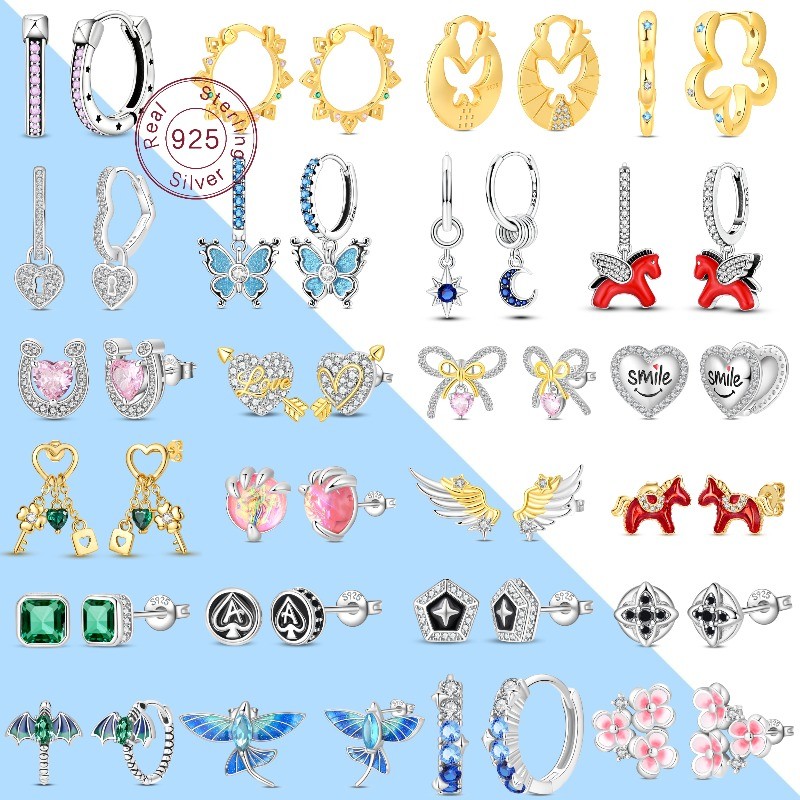 Blue Shining ต่างหูผีเสื้อต่างหูเพทายสุภาพสตรีเงินรอบต่างหูประณีต Star Moon เครื่องประดับของขวัญ Shining Zirconia อุปกรณ์เสริม