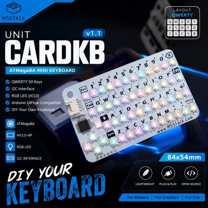 CardKB v1.1 I2C Keyboard Module 50 Key QWERTY Matrix Keyboard ATmega8A HY2.0-4P RGB LED for Arduino