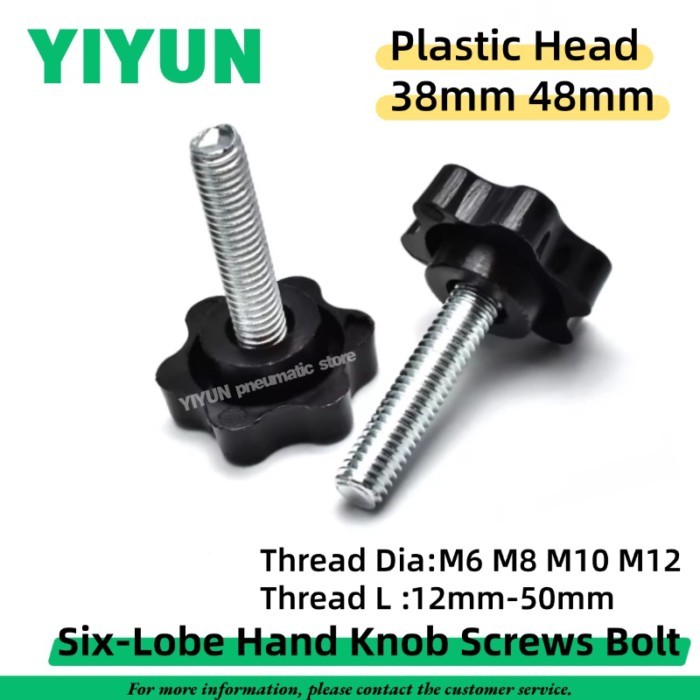 2-10pcs Black Six-Lobe Hand Knob Screw Bolt M6 M8 M10 M12 x 12mm-50mm Length Plastic Head 38mm 48mm
