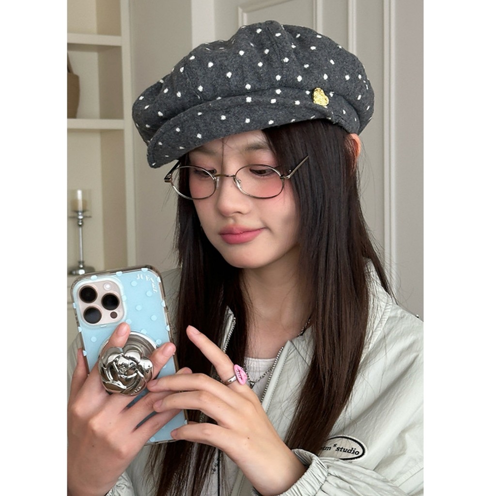 @ YoJooo บรรยากาศสไตล์เกาหลี Retro Polka Dot ทําด้วยผ้าขนสัตว์แปดเหลี่ยมหมวกทุกวันแฟชั่น All-Match Soft Brim วรรณกรรมจิตรกรหมวก Beret หมวก