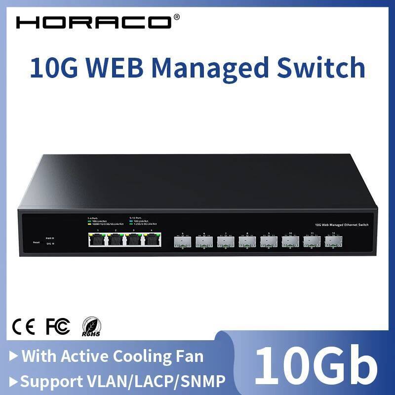 HORACO 12 พอร์ต 10G Web Managed Switch 10Gb Networking Hub Internet Splitter พร้อม VLAN/LACP/SNMP/DH