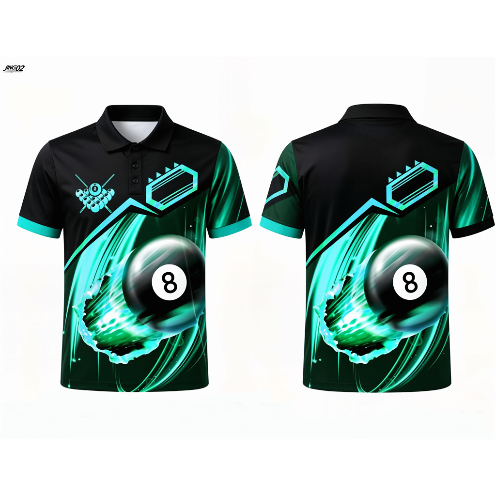 J02-Custom 8 Ball Pool เสื้อโปโลผู้ชายสีดําสีเขียวกราฟิก "8 Ball" Tee ส่วนบุคคลบิลเลียดด้านบน