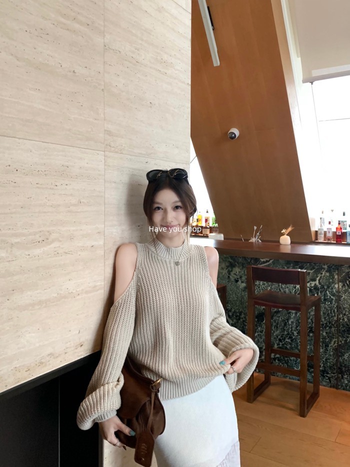 Have you shop Beautiful Shoulder Talent Niche Halter Neck Thin Strapless Long-Sleeved Sweater Retro 