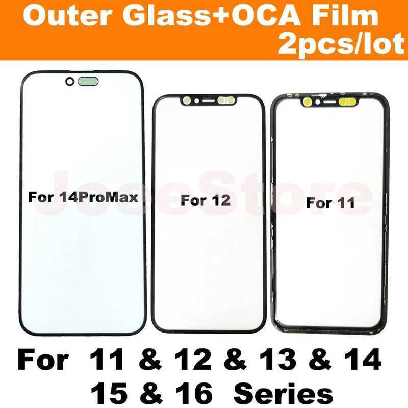 กระจกด้านนอก 2 ชิ้น พร้อมฟิล์ม OCA สำหรับ iPhone 11 12 13 14 15 16 Pro Max Mini Plus XR XS ซ่อมกระจก