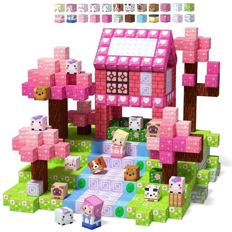 ding Blocks Mine World Magnet Pink Girly Heart Blossom Cave Plant Zombies Cubes Set Brick Cube Toys