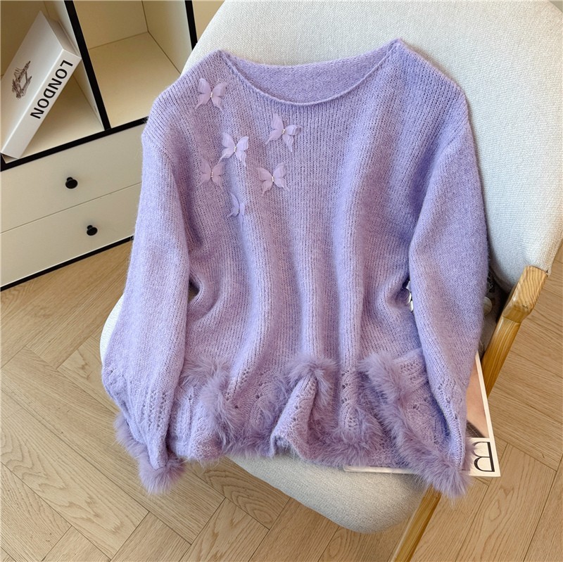 เสื้อถักแขนยาวปักลายผีเสื้อสามมิติ ดีไซน์คอลำโพง95466