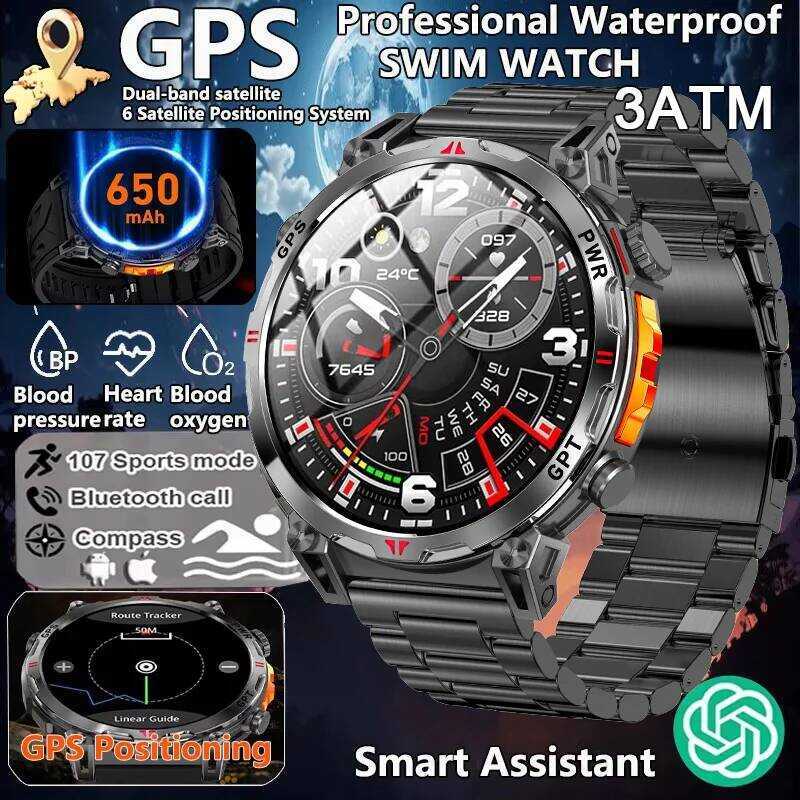 T-REX กีฬากลางแจ้ง GPS Smartwatch ไฟฉาย LED, แบตเตอรี่ 650MAH, เข็มทิศกันน้ํา 3ATM, โทรผ่านบลูทูธ, ส