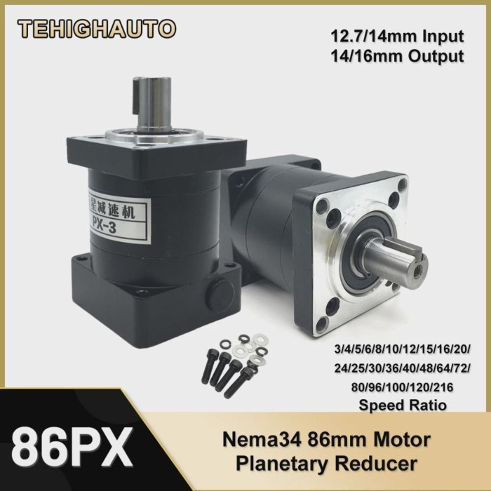 Nema34 Planetary Gearbox 86mm Flange 14/12.7mm Input 16/14mm Output Ratio 3,5,10,15~216 to 1 3000rp